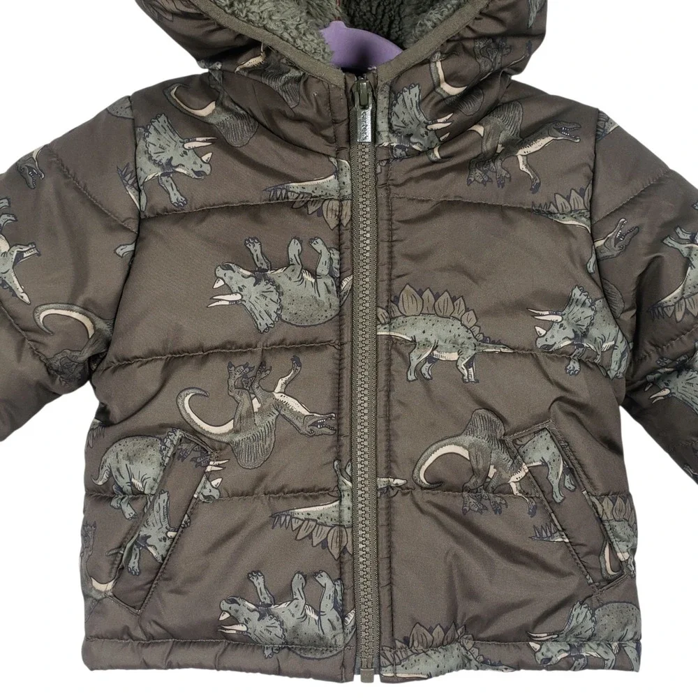 Carter's Dinosaur Puffer Jacket Kids‎ 12M Olive Green Winter Warm Coat